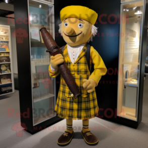 Yellow Bagpipe mascot costume character dressed with a Button-Up Shirt and Caps