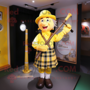 Yellow Bagpipe mascot costume character dressed with a Button-Up Shirt and Caps