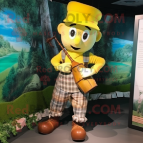 Yellow Bagpipe mascot costume character dressed with a Button-Up Shirt and Caps