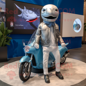 Silver Whale mascot costume character dressed with a Moto Jacket and Pocket squares