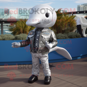 Silver Whale mascot costume character dressed with a Moto Jacket and Pocket squares