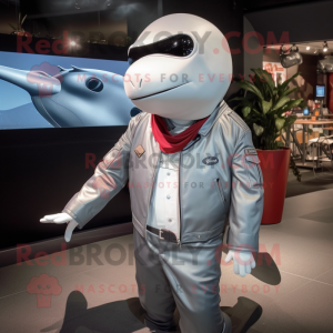 Silver Whale mascot costume character dressed with a Moto Jacket and Pocket squares