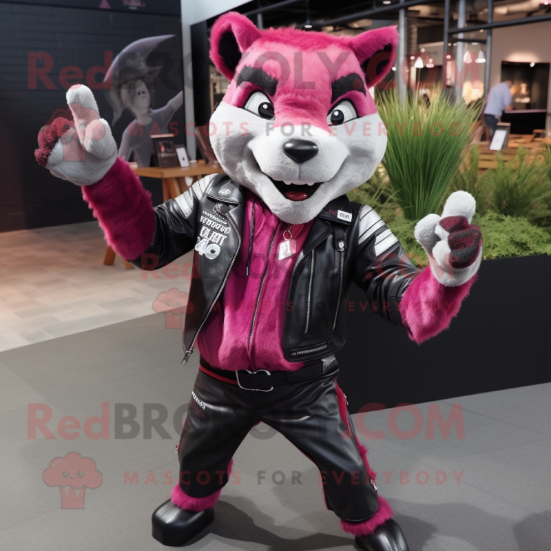 Magenta Thylacosmilus mascot costume character dressed with a Biker Jacket and Backpacks Magenta Thylacosmilus mascot costume character dressed with a Biker Jacket and Backpacks