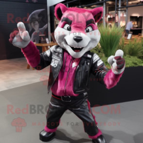 Magenta Thylacosmilus mascot costume character dressed with a Biker Jacket and Backpacks