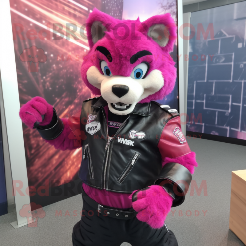 Magenta Thylacosmilus mascot costume character dressed with a Biker Jacket and Backpacks Magenta Thylacosmilus mascot costume character dressed with a Biker Jacket and Backpacks