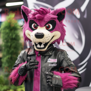 Magenta Thylacosmilus mascot costume character dressed with a Biker Jacket and Backpacks