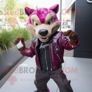 Magenta Thylacosmilus mascot costume character dressed with a Biker Jacket and Backpacks