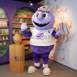 Lavender Ceviche mascot costume character dressed with a Rugby Shirt and Coin purses