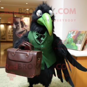 Forest Green Crow mascot costume character dressed with a Suit and Handbags