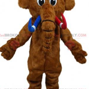 Mascotte mammut marrone con le sue zanne rosse e blu. -