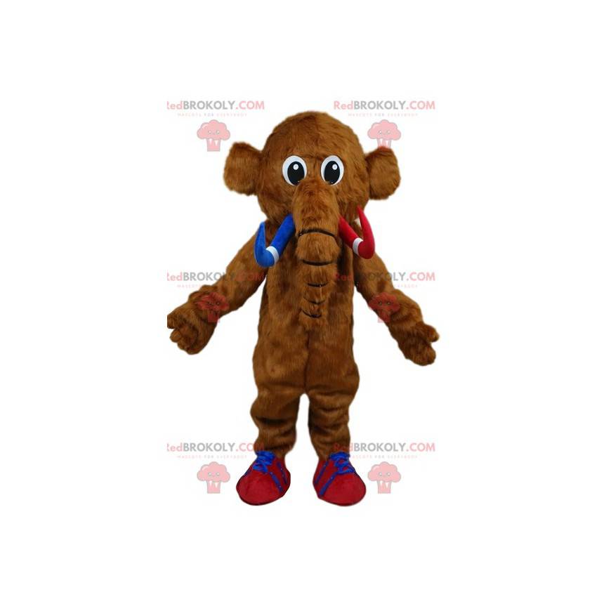 Mascot bruine mammoet met zijn rode en blauwe slagtanden. -