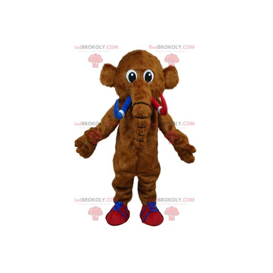 Mascotte mammut marrone con le sue zanne rosse e blu. -