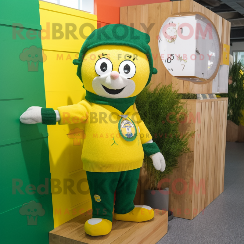 Yellow Irish Flag mascot costume character dressed with a Cardigan and Digital watches Yellow Irish Flag mascot costume character dressed with a Cardigan and Digital watches