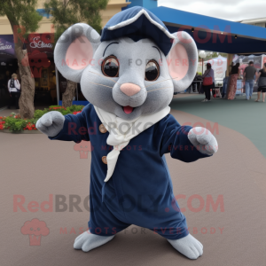 Navy Dormouse mascot costume character dressed with a T-Shirt and Shawl pins