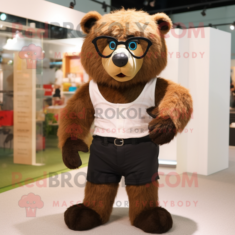 Brown Spectacled Bear mascot costume character dressed with a Trousers and Earrings