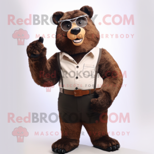 Brown Spectacled Bear mascot costume character dressed with a Trousers and Earrings