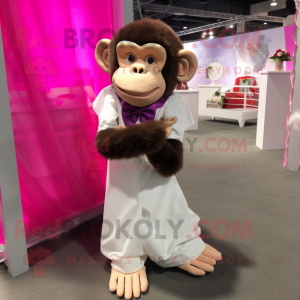 Magenta Chimpanzee mascot costume character dressed with a Wedding Dress and Bow ties