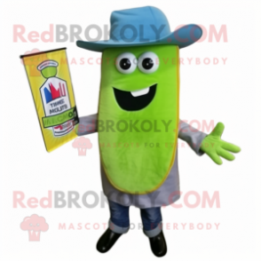 Lime Green Enchiladas mascot costume character dressed with a Denim Shorts and Tie pins