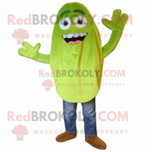 Lime Green Enchiladas mascot costume character dressed with a Denim Shorts and Tie pins