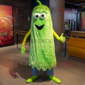 Lime Green Enchiladas mascot costume character dressed with a Denim Shorts and Tie pins
