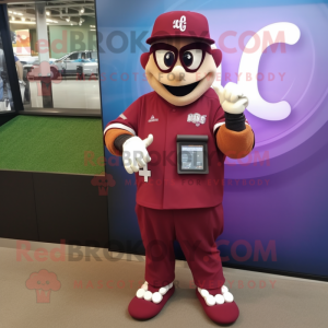 Maroon Baseball Glove mascot costume character dressed with a Evening Gown and Digital watches
