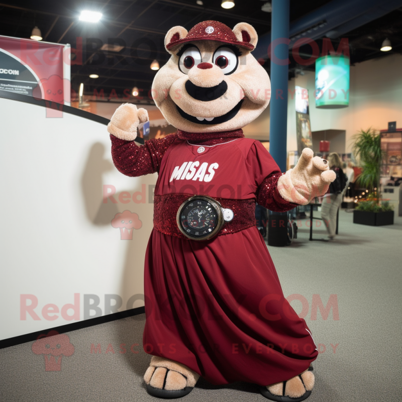 Maroon Baseball Glove mascot costume character dressed with a Evening Gown and Digital watches Maroon Baseball Glove mascot costume character dressed with a Evening Gown and Digital watches