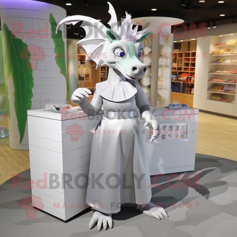 Silver Dragon mascot costume character dressed with a Midi Dress and Handbags