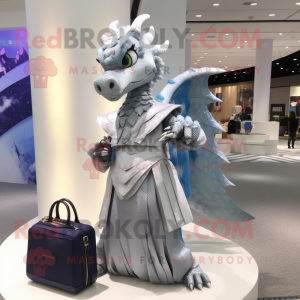 Silver Dragon mascot costume character dressed with a Midi Dress and Handbags