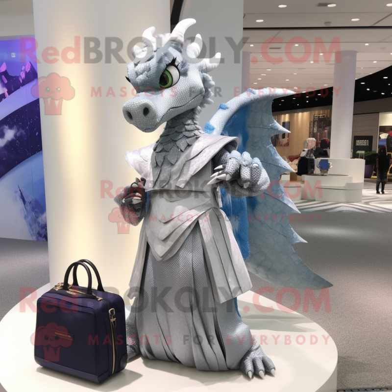 Silver Dragon mascot costume character dressed with a Midi Dress and Handbags Silver Dragon mascot costume character dressed with a Midi Dress and Handbags