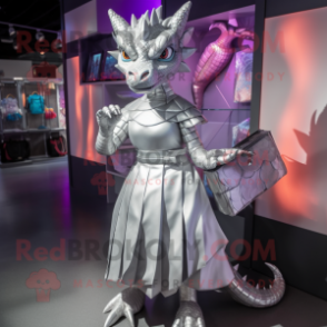 Silver Dragon mascot costume character dressed with a Midi Dress and Handbags