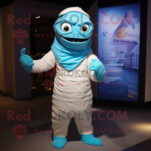 Cyan Mummy mascot costume character dressed with a Jacket and Scarves