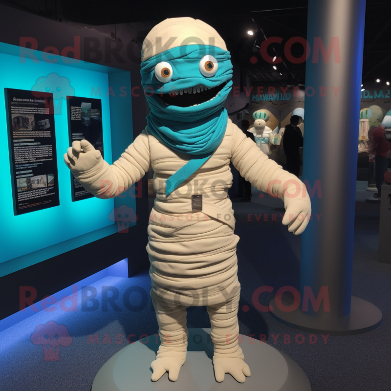 Cyan Mummy mascot costume character dressed with a Jacket and Scarves