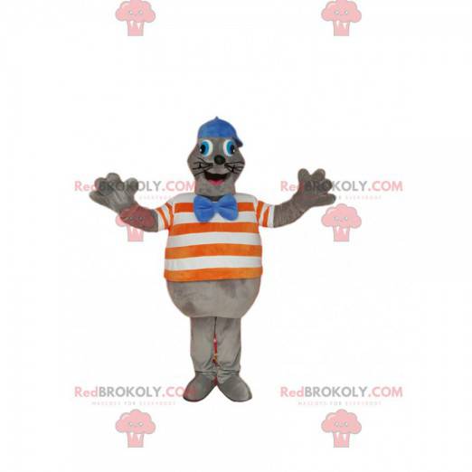 Mascotte de phoque gris avec une casquette bleue. Costume de