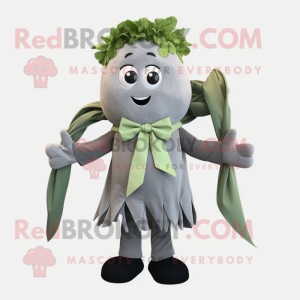 Gray Celery mascot costume character dressed with a Parka and Bow ties