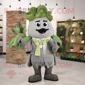 Gray Celery mascot costume character dressed with a Parka and Bow ties