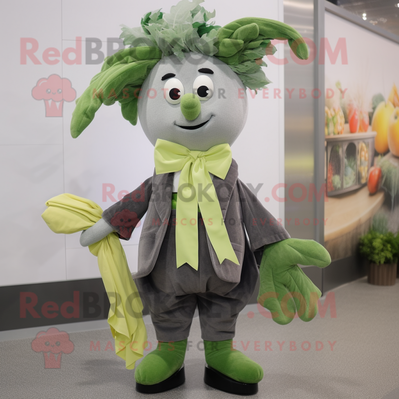 Gray Celery mascot costume character dressed with a Parka and Bow ties