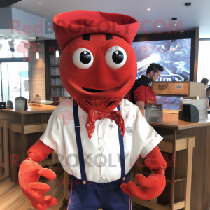 Red Lobster Bisque mascot costume character dressed with a Oxford Shirt and Headbands