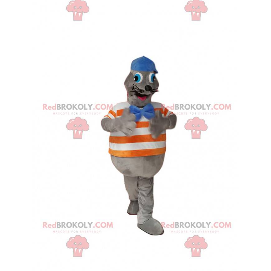 Gray seal mascot with a blue cap. Seal costume - Redbrokoly.com