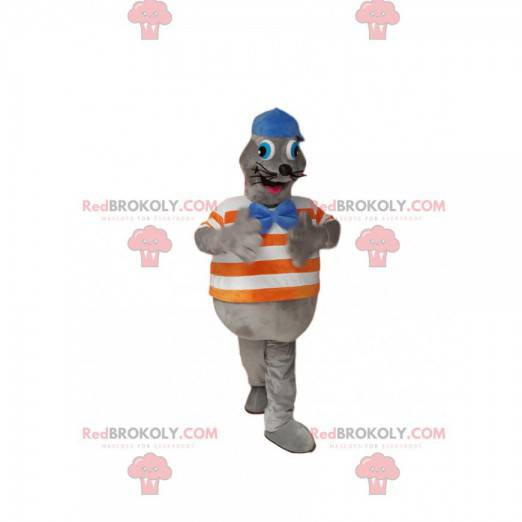 Mascote da foca cinza com um boné azul. Fantasia de foca -