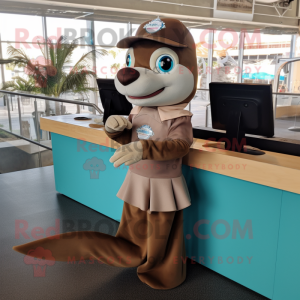 Brown Dolphin mascot costume character dressed with a A-Line Skirt and Digital watches