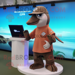 Brown Dolphin mascot costume character dressed with a A-Line Skirt and Digital watches