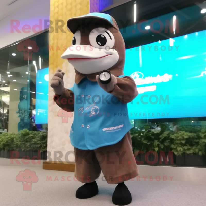 Brown Dolphin mascot costume character dressed with a A-Line Skirt and Digital watches