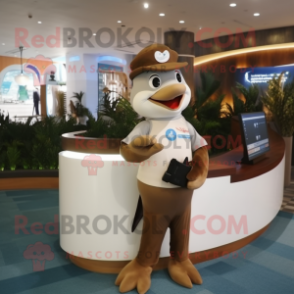 Brown Dolphin mascot costume character dressed with a A-Line Skirt and Digital watches