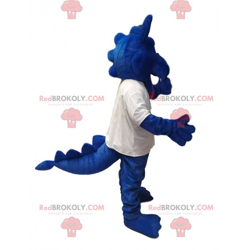 Mascotte de dragon bleu en maillot blanc. Costume de dragon -