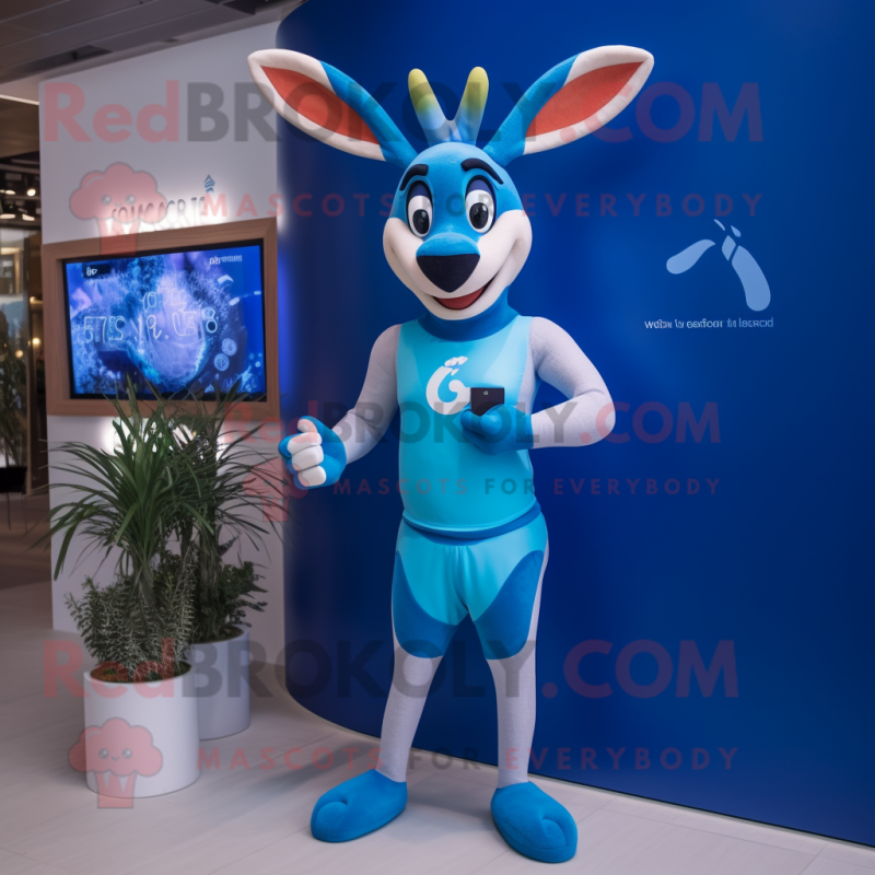 Blue Gazelle mascot costume character dressed with a One-Piece Swimsuit and Smartwatches