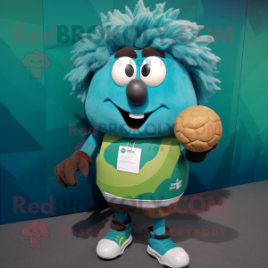 Teal Potato mascot costume character dressed with a Rugby Shirt and Hair clips