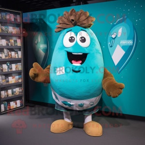 Teal Potato mascot costume character dressed with a Rugby Shirt and Hair clips