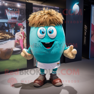 Teal Potato mascot costume character dressed with a Rugby Shirt and Hair clips