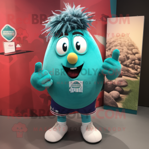 Teal Potato mascot costume character dressed with a Rugby Shirt and Hair clips
