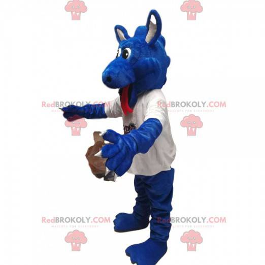 Mascotte de dragon bleu en maillot blanc. Costume de dragon -